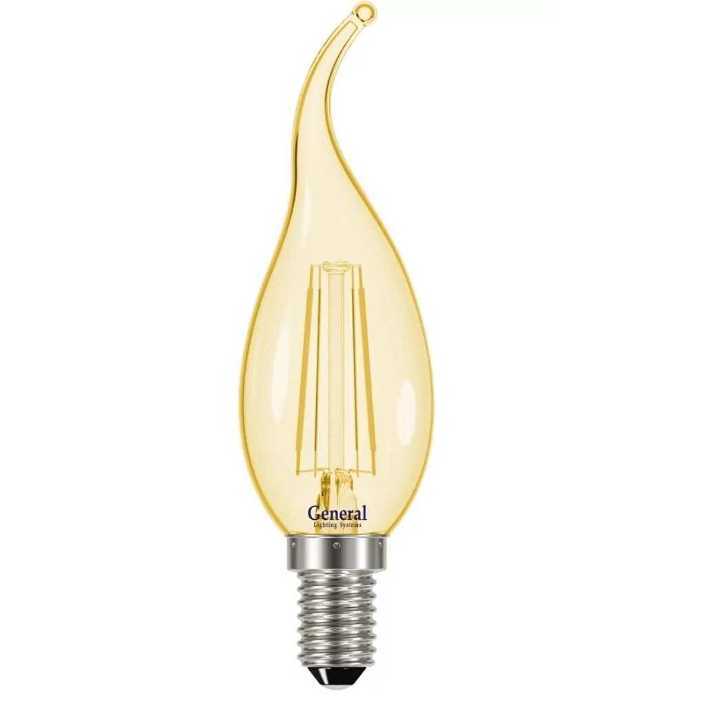 Лампа светодиодная E14, 7 Вт, 230 В, свеча на ветру, 6500 К, свет холодный белый, General Lighting Systems, Филамент, золотое стекло золотое руно