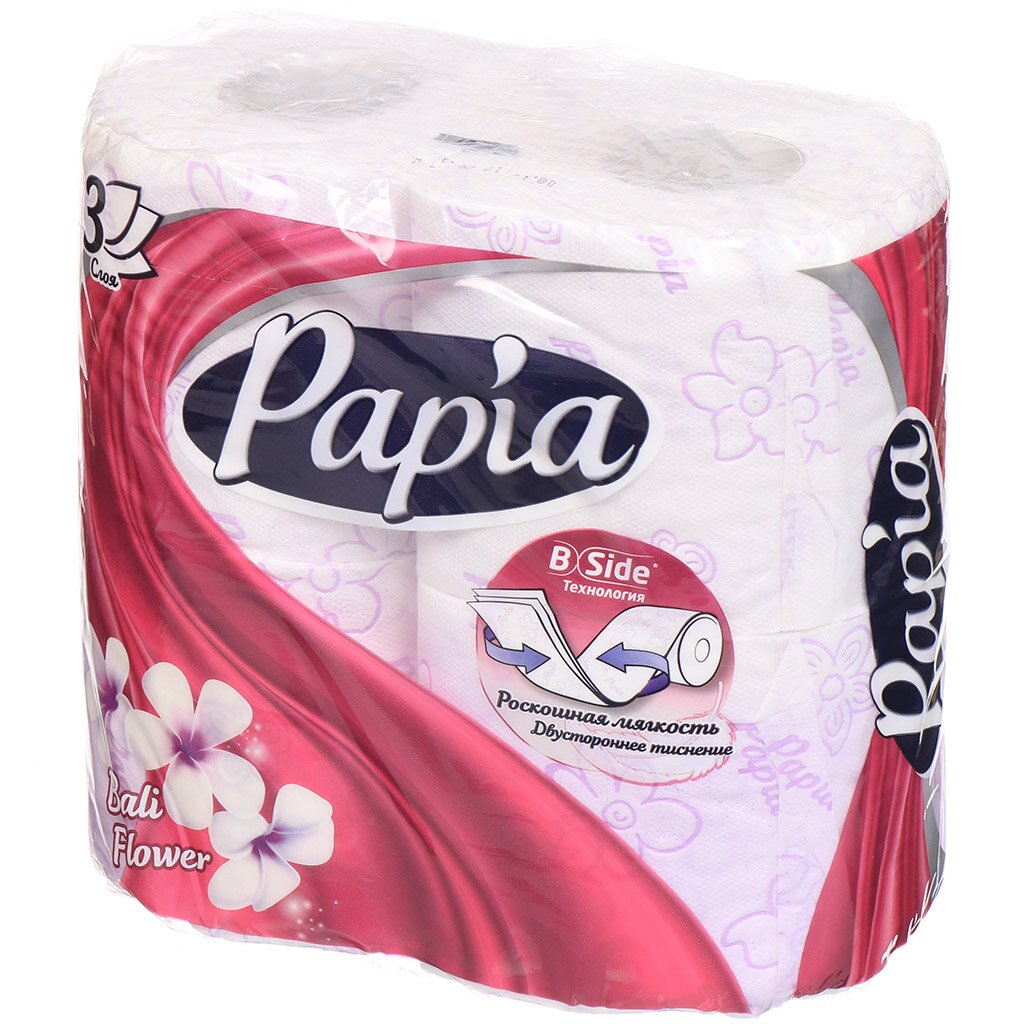 Туалетная бумага Papia, Балийский цветок, 3 слоя, 4 шт, 16.8 м, с втулкой туалетная бумага papia балийский цветок 3 слоя 8 шт 18 8 м с втулкой