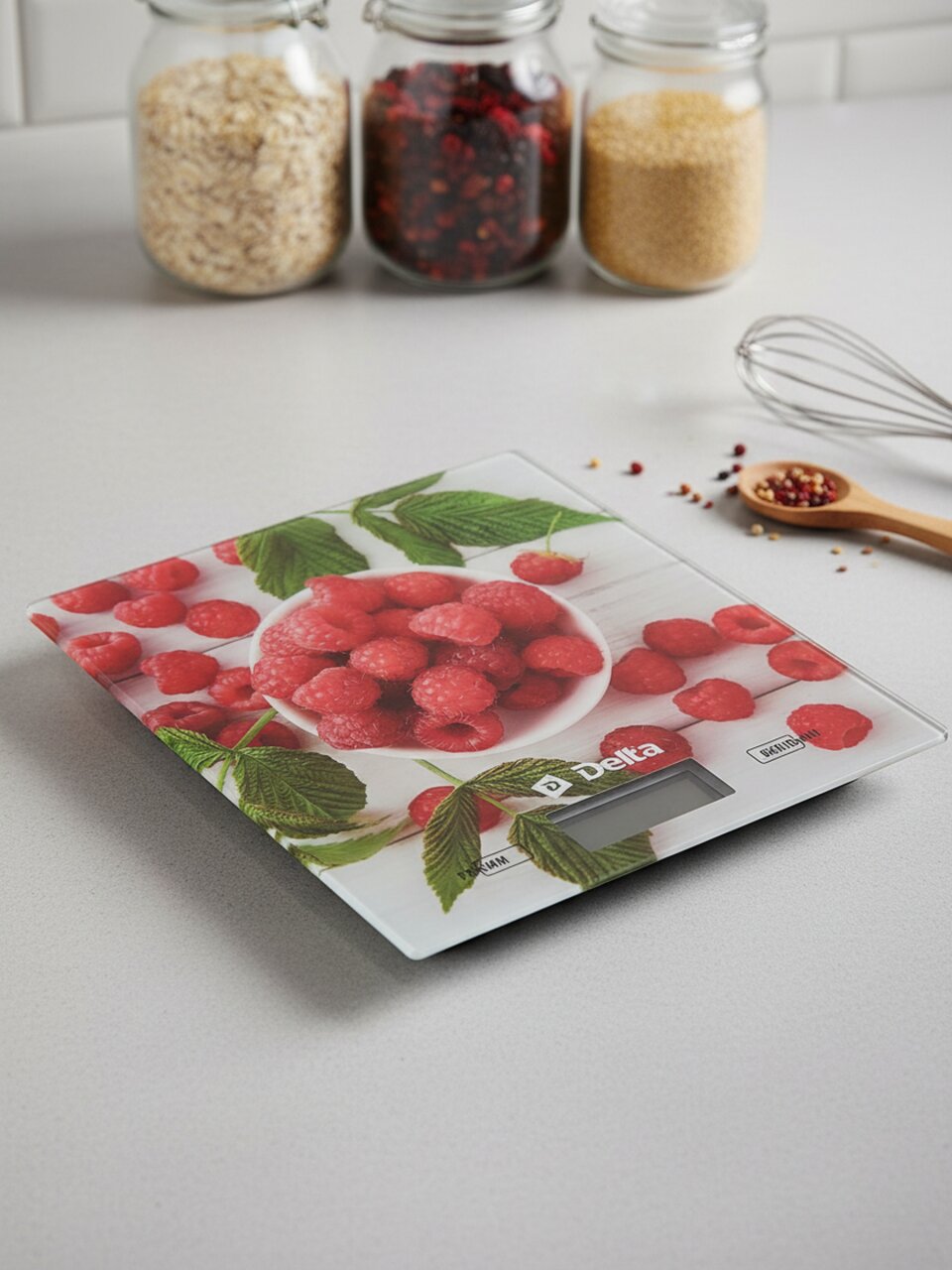 Весы кухонные электронные, стекло, Delta, Малинка, платформа, точность 1 г, до 5 кг, KCE-67