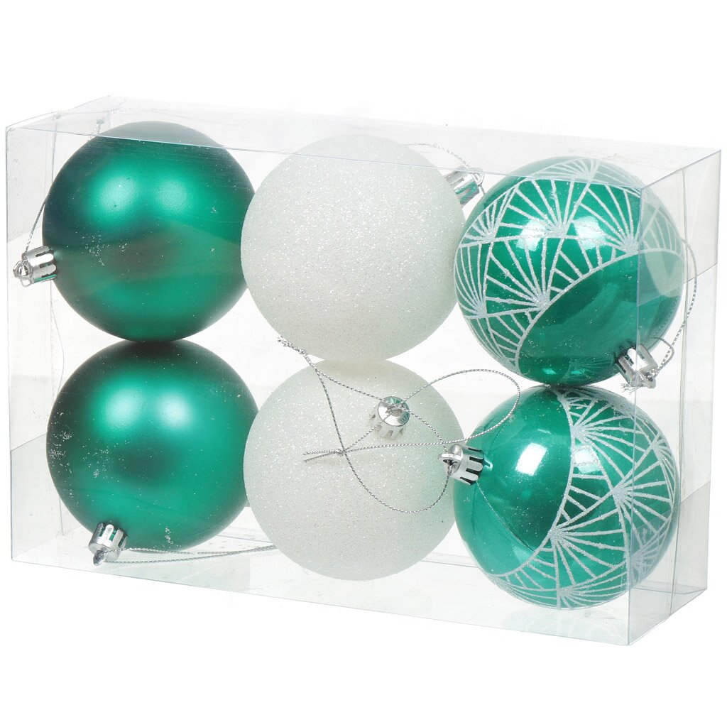 Елочный шар 6 шт, белый, зеленый, 8 см, пластик, SYCBF817-219
