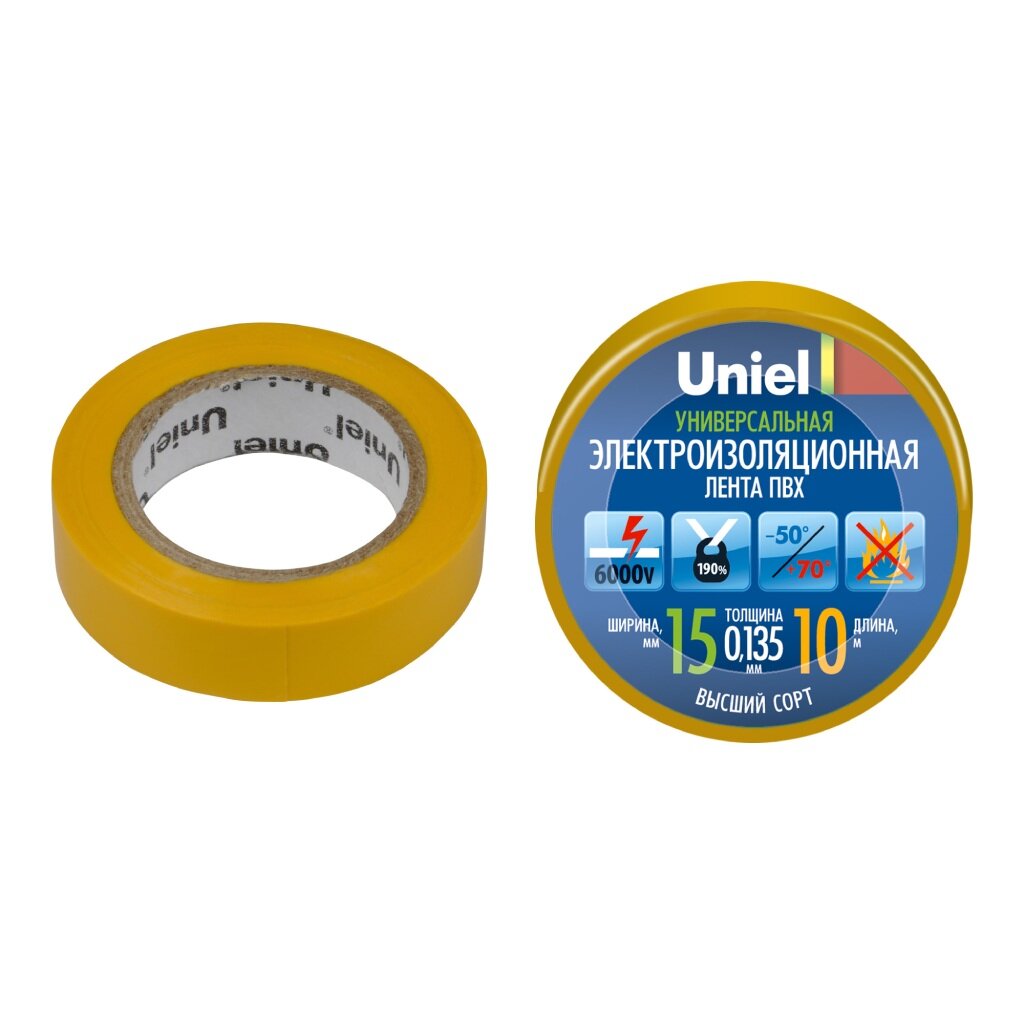 Изолента ПВХ, 15 мм, желтая, 10 м, Uniel, 4515 изоляционная лента uniel