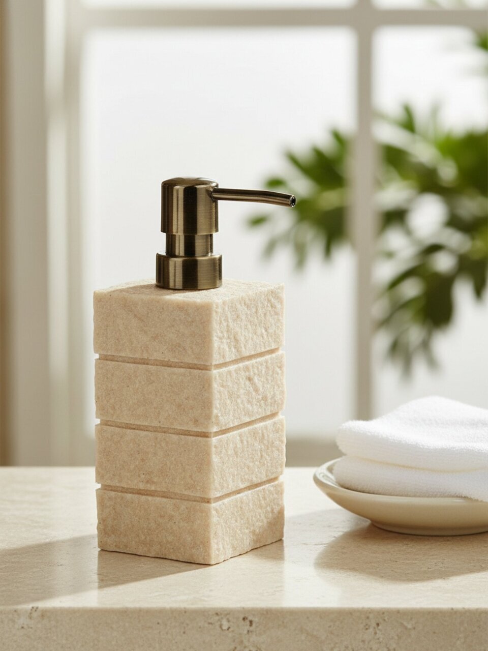 Дозатор для жидкого мыла Камень, полистоун, 7.4x7.4x13.5х19 см, беж, BRE0985AA-LD