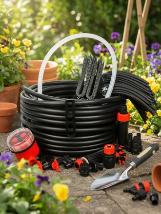 Набор для капельного полива с регулируемыми капельницами, от емкости, на 90 растений, с таймером, 30 м, Жук, 8005-00