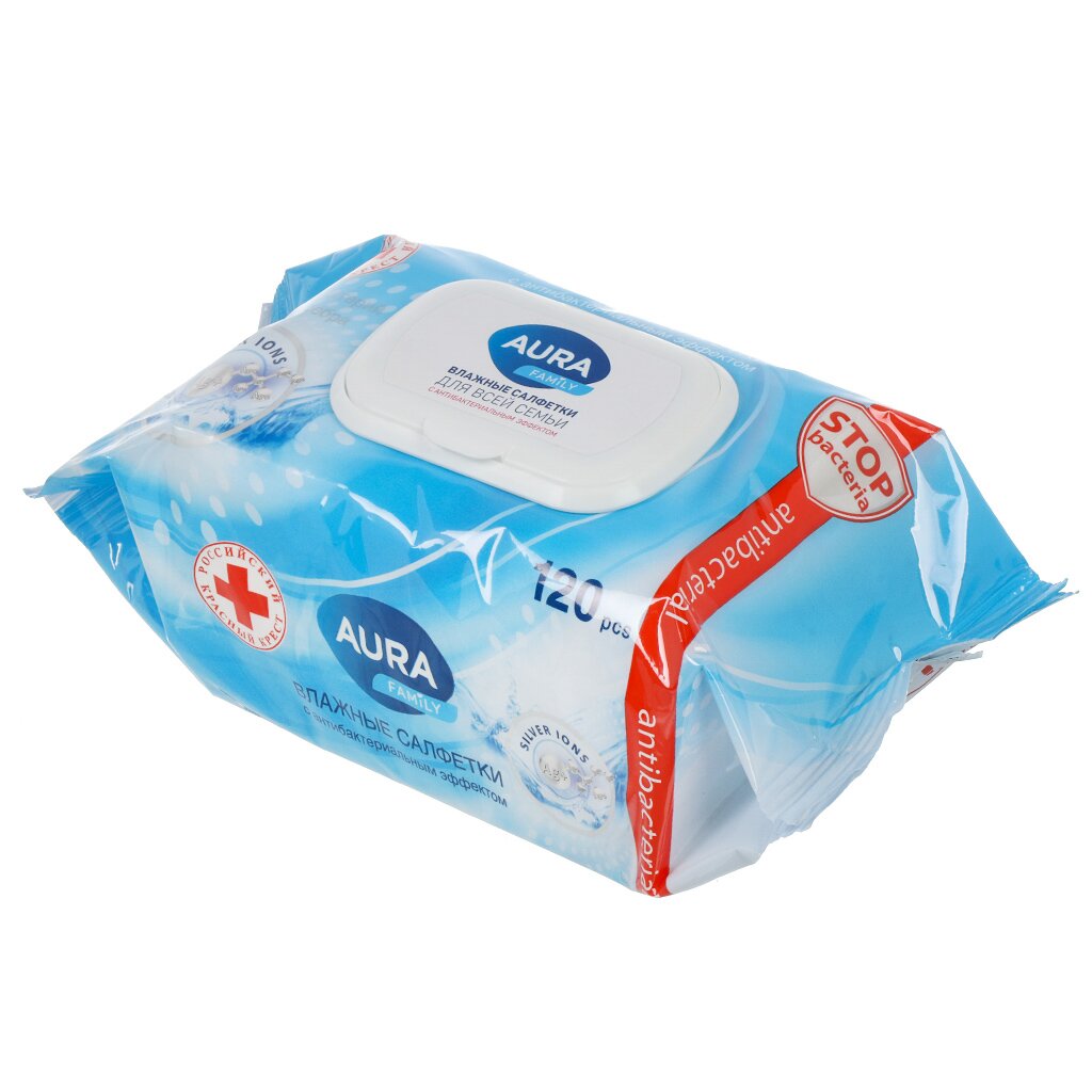 Салфетка влажные Aura, Family, с антибактериальным эффектом, 120 шт мыло safeguard classic белое с антибактериальным эффектом 90 г