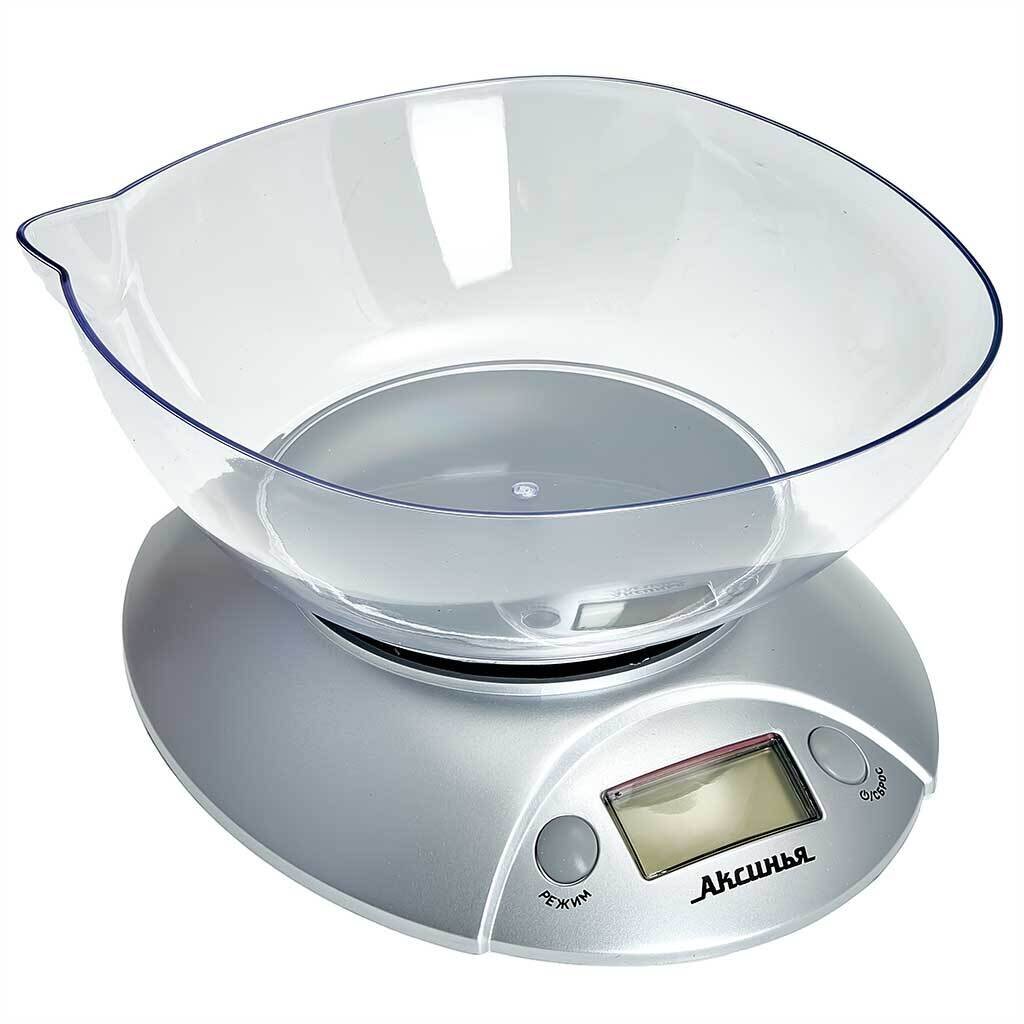 Весы кухонные электронные, пластик, Аксинья, чаша, точность 1 г, до 5 кг, LCD-дисплей, серебристые, КС-6519