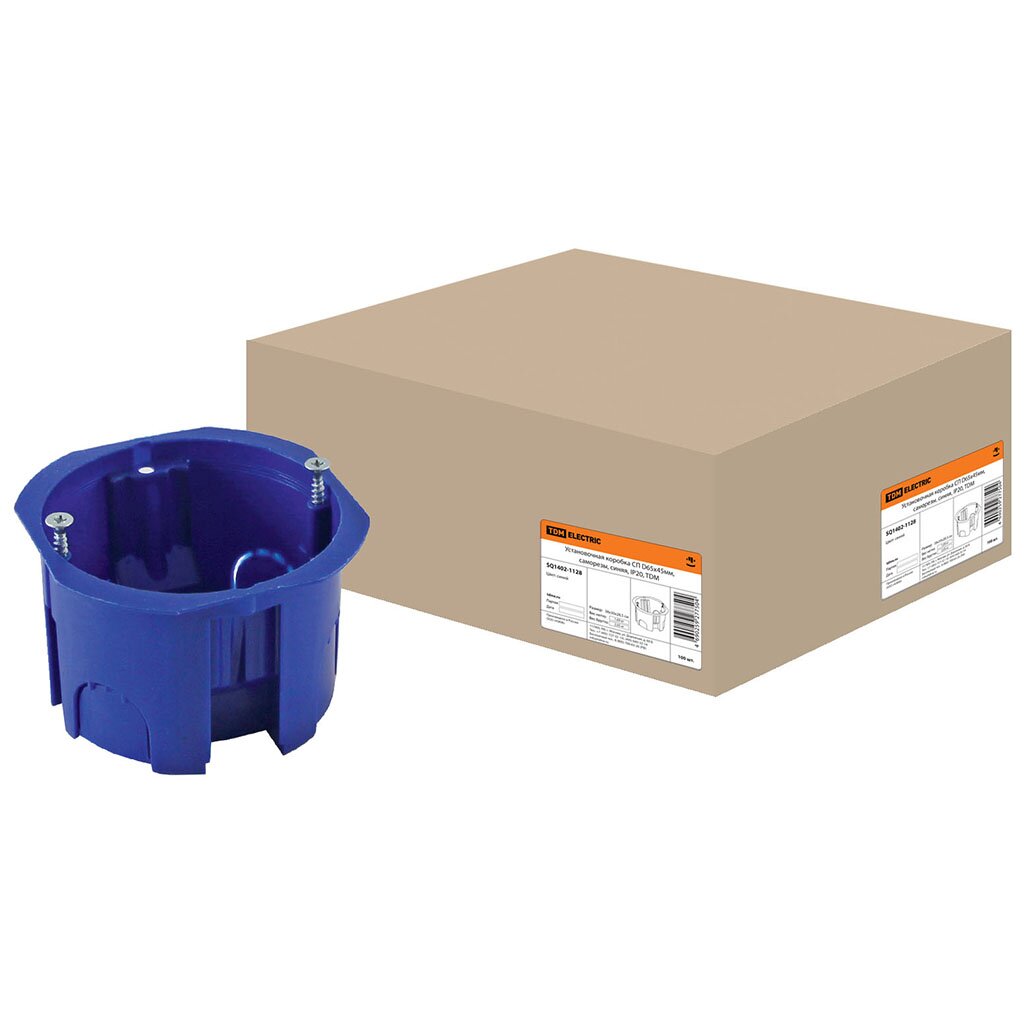 Коробка установочная, пластик, скрытая, диаметр 65х45 мм, TDM Electric, в бетон, с саморезами, синяя, IP20, SQ1402-1128