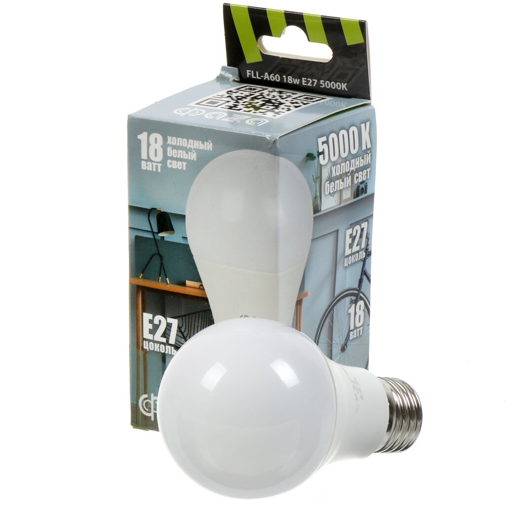 Лампа светодиодная E27, 18 Вт, 230 В, 5000 К, свет холодный белый, ФАZА, FLL- A60 лампа светодиодная gu5 3 12 вт 230 в 3000 к свет теплый белый фаzа fll jcdr