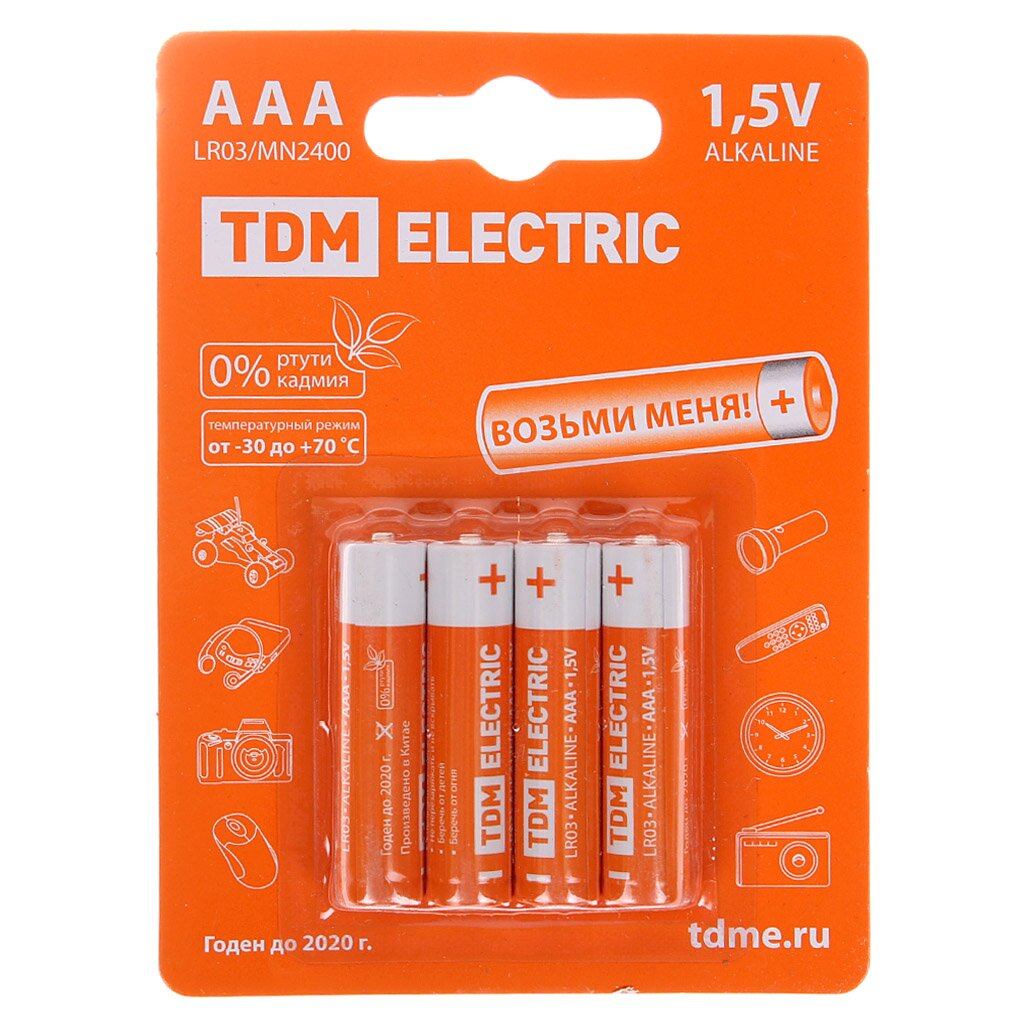 Батарейка TDM Electric ААА LR03 24A Alkaline щелочная 15 В блистер 4 шт SQ1702-0006 129₽