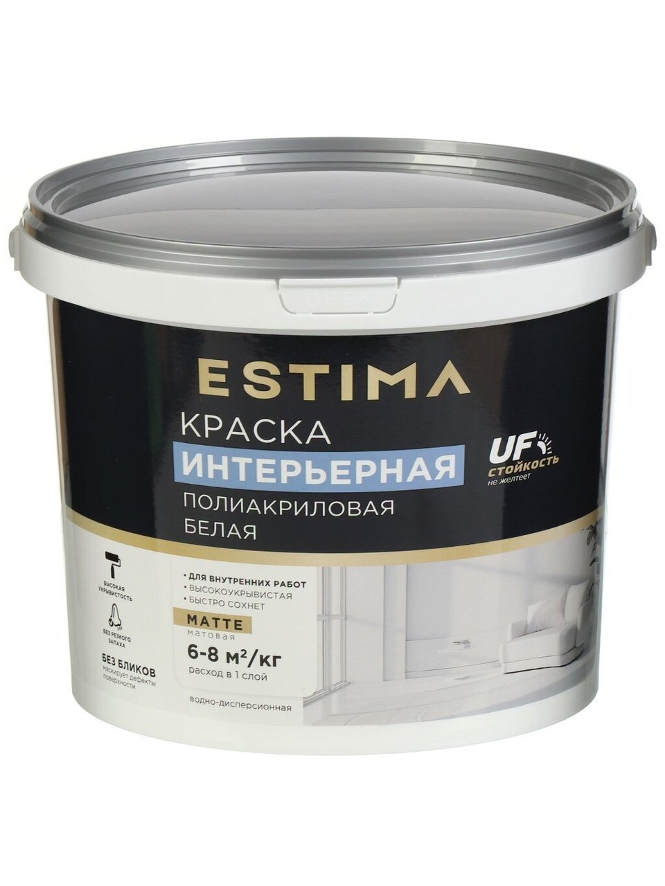 Краска водно-дисперсионная, Estima, полиакриловая, интерьерная, матовая, белая, 6.5 кг