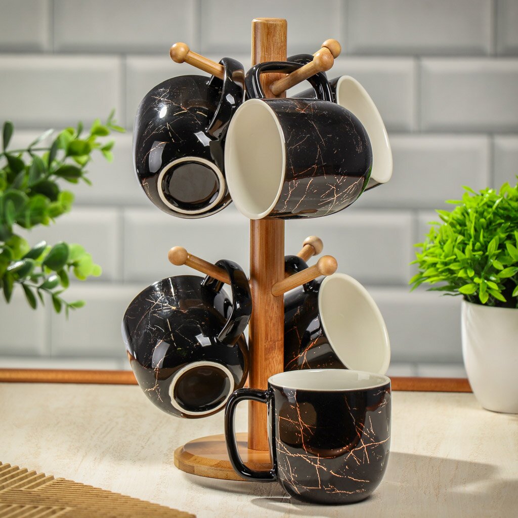 Кружка керамика, 6 шт, 300 мл, Y4-7116, бамбуковая подставка девушка на качелях