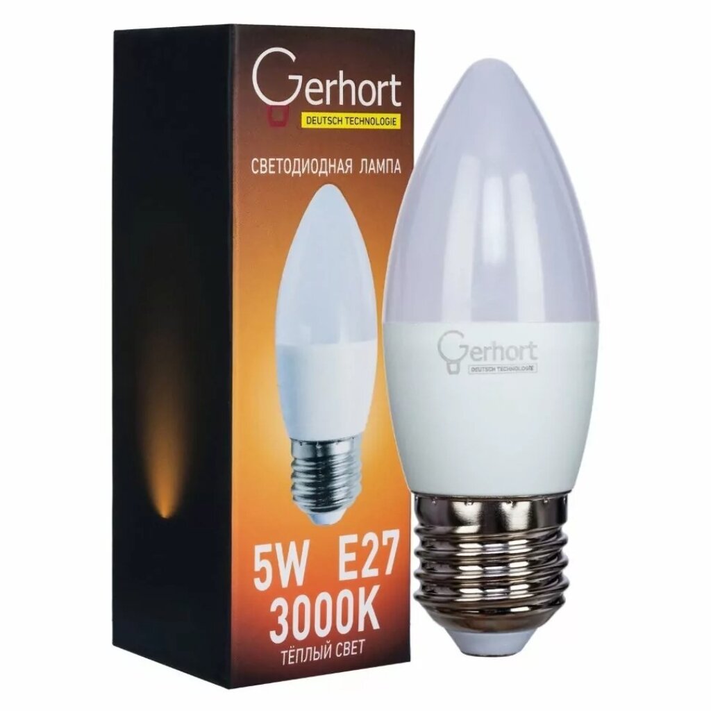 Лампа светодиодная E27, 5 Вт, свеча, 3000 К, свет теплый белый, Gerhort, Лампа