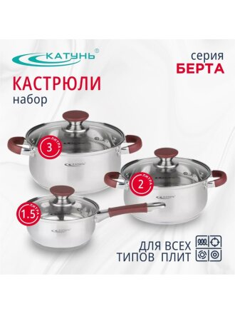 Набор посуды нержавеющая сталь, 6 предметов, кастрюли 2,3 л, ковш 1.5 л, индукция, Катунь, Берта, КТ15-В