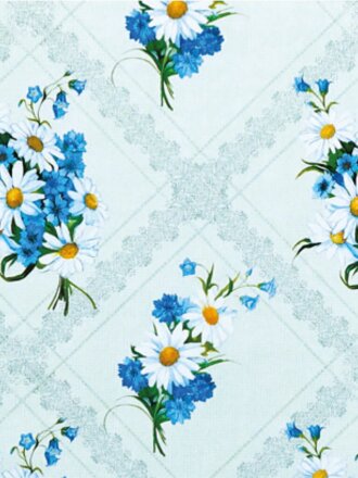 Клеенка Ткань, 1.3х25 м, ПВХ на тканевой основе, Василек ромашка на белом фоне, 444-1