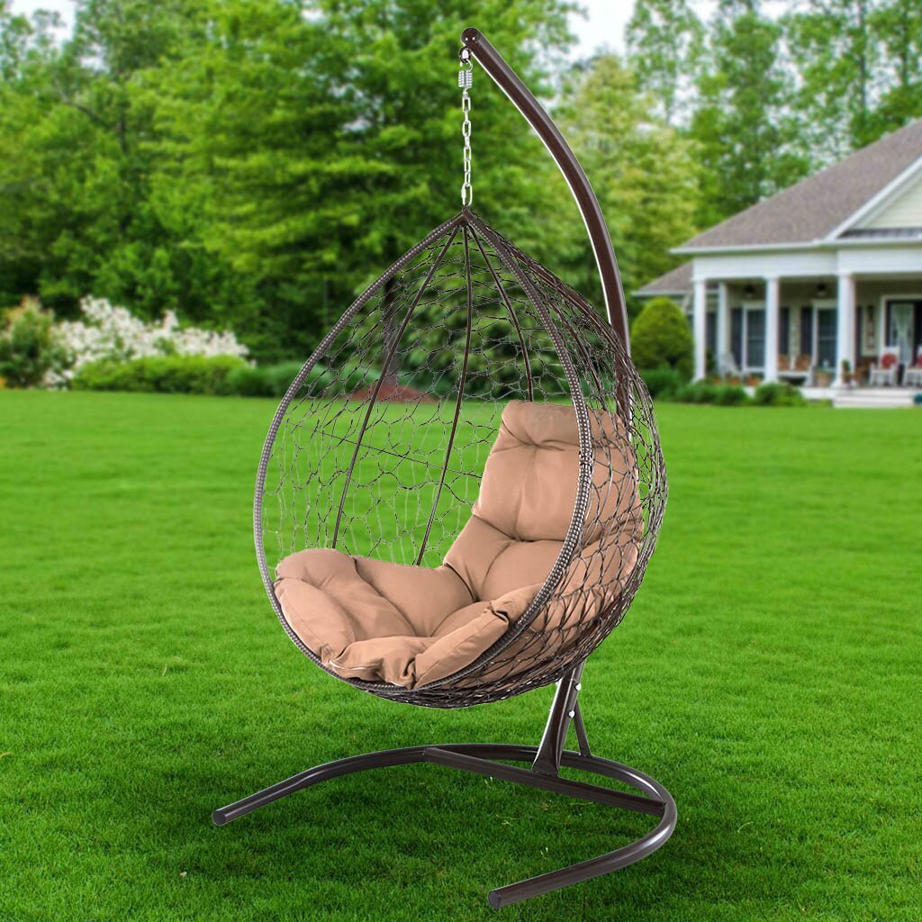 Подвесное кресло Кокон, 1-мест, 75х106х117 см, 120 кг, M-Group, коричневое, ротанг, подушка бежево-песочная, 11020201