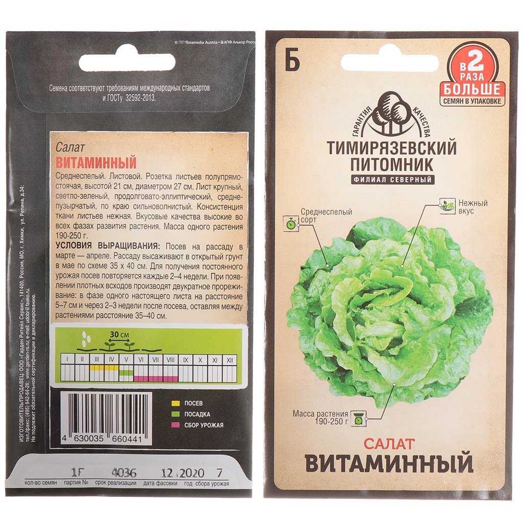 Семена Салат листовой, Витаминный, 1 г, цветная упаковка, Тимирязевский питомник