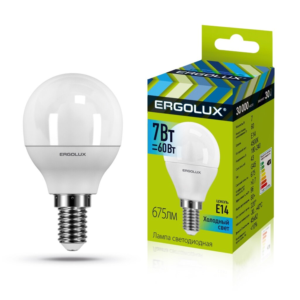 Лампа светодиодная E14, 7 Вт, 60 Вт, 220 В, шар, 4500 К, свет холодный белый, Ergolux лампа светодиодная e27 8 вт 60 вт 230 в рефлектор 3000 к свет теплый белый iek r63 led
