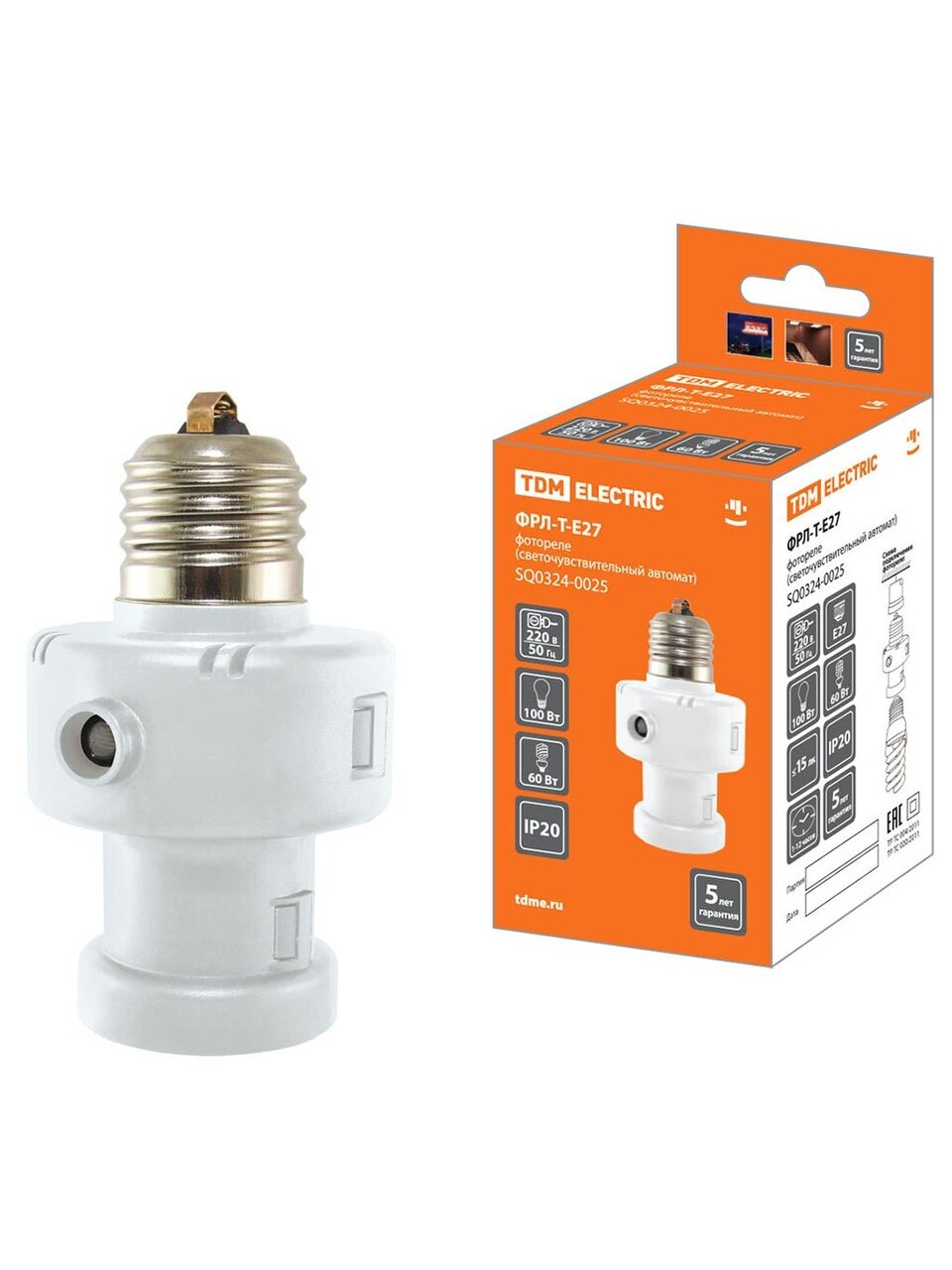 Фотореле 100 Вт, 15 лк, с таймером, TDM Electric, ФРЛ-Т-Е27, SQ0324-0025