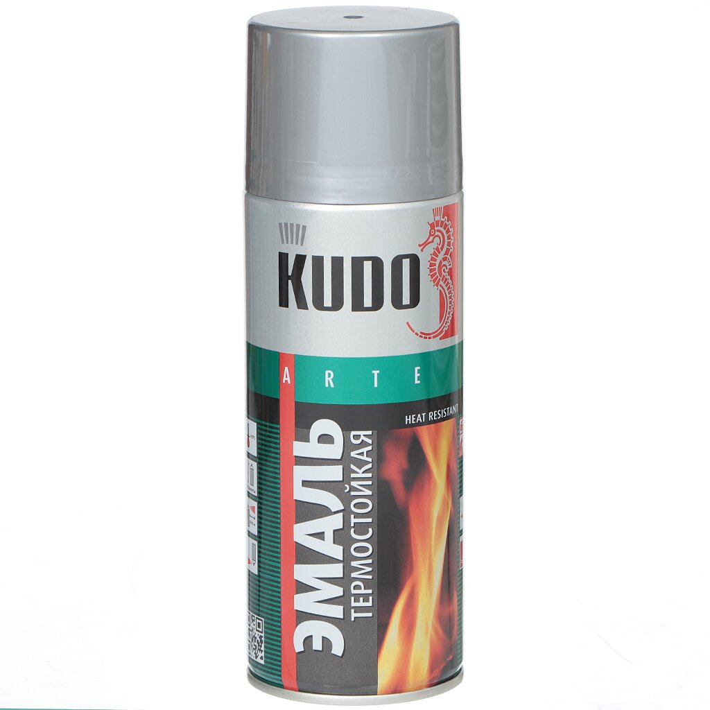 Эмаль аэрозольная, KUDO, термостойкая, кремнийорганическая, матовая, серебристая, 520 мл, KU-5001 эмаль термостойкая kudo ku 5005 400с красный 520мл