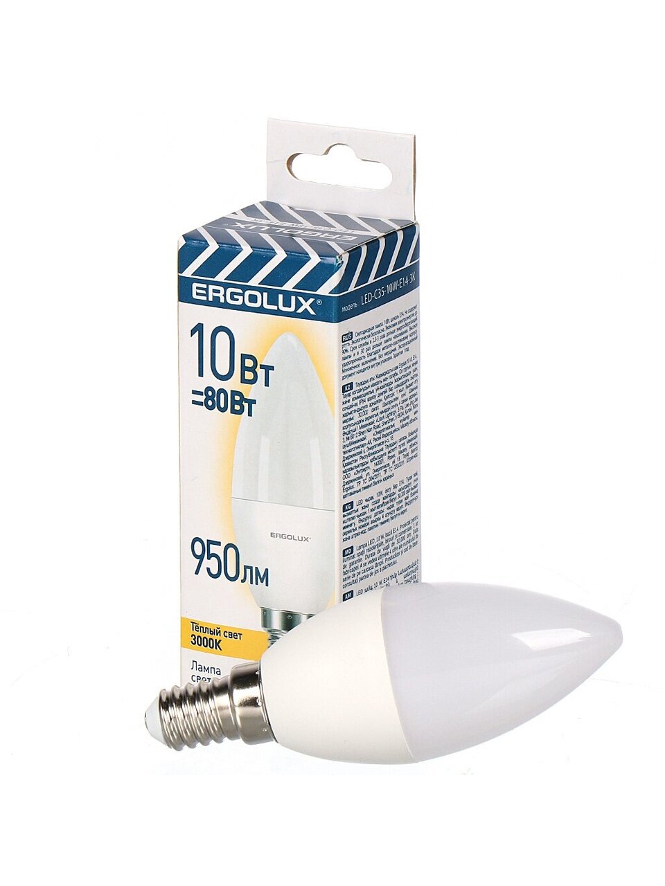 Лампа светодиодная E14, 10 Вт, 80 Вт, свеча, 3000 К, теплый белый свет, Ergolux, Ergolux