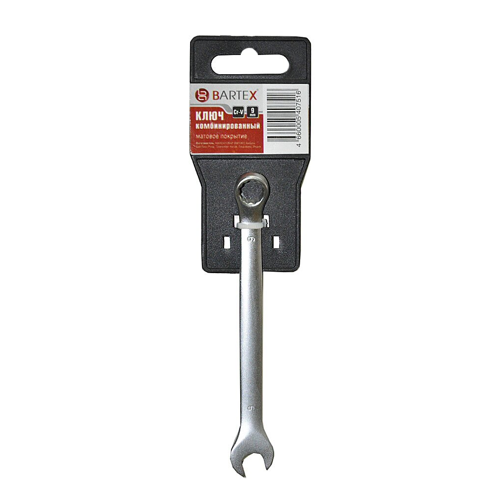 Ключ комбинированный, Bartex, 9 мм, матовый, CrV сталь ключ комбинированный bartex 13 мм хромированный зеркальный crv сталь