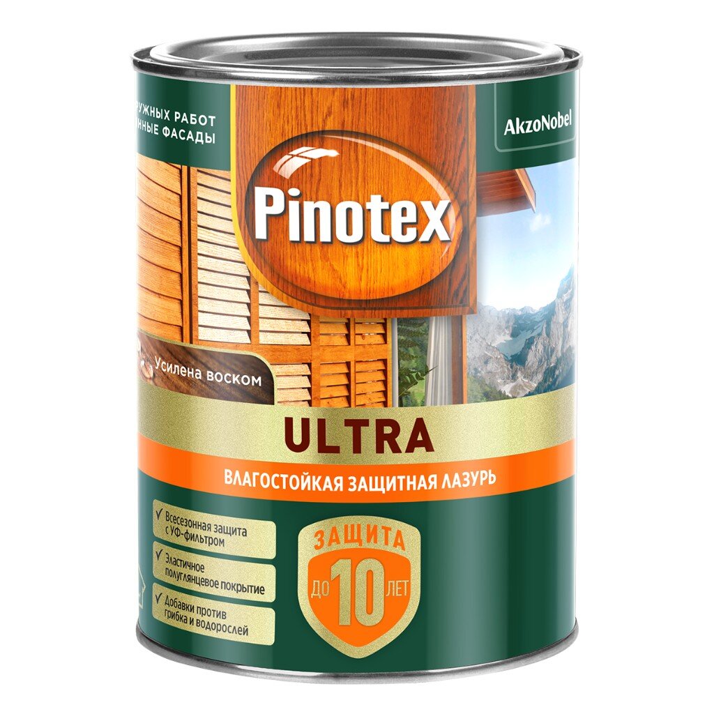 Пропитка Pinotex, Ultra, для древесины, влагостойкая защитная лазурь, белая, 0.9 л пропитка pinotex ultra для древесины влагостойкая защитная лазурь белая 0 9 л