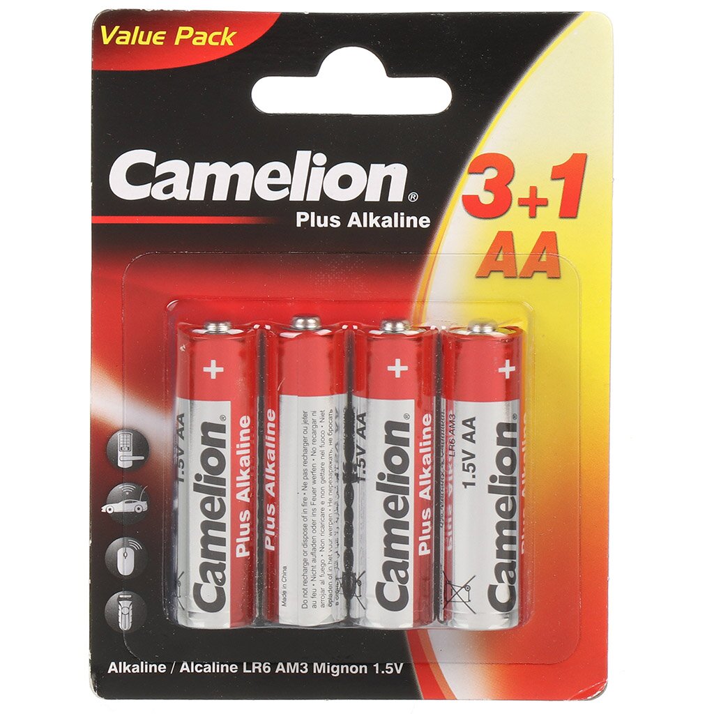 Батарейка Camelion, АА (LR6-BP), Alkaline Plus, алкалиновая, 1.5 В, блистер, 4 шт, 3+1, 15545