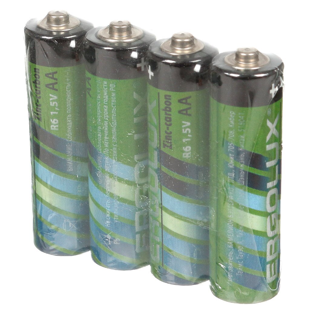 Батарейка Ergolux, АА (LR06, LR6), Zinc-carbon, солевая, 1.5 В, спайка, 4 шт, 12441 батарейка ergolux ааа lr03 r3 zinc carbon солевая 1 5 в спайка 4 шт 12440