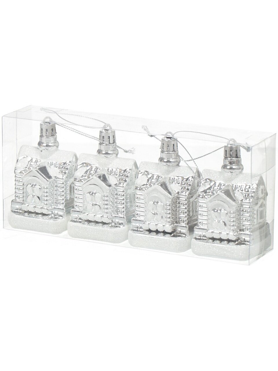 Набор елочных украшений Домики, 4 шт, серебристый, 6 см, пластик, SY18CBB-272/SY18CBB-272S