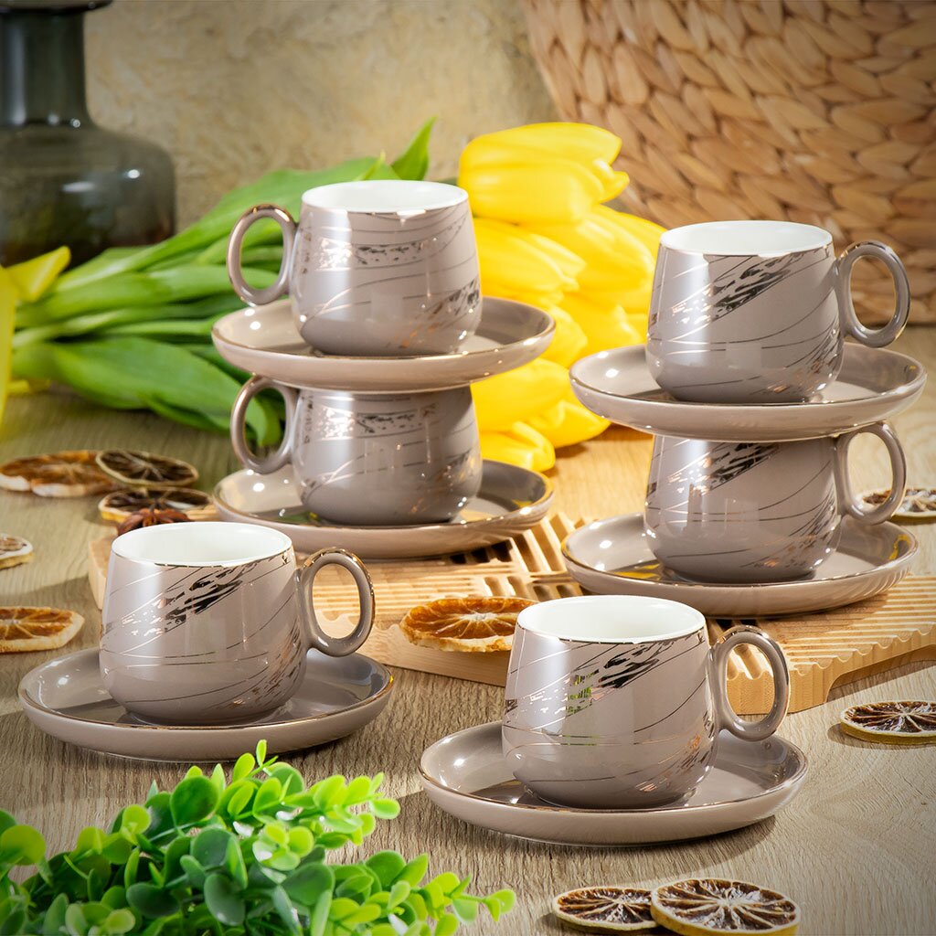 Набор чайный керамика, 12 предметов, на 6 персон, 180 мл, Серый Мрамор, Y4-6606, подарочная упаковка гурьевский сервиз