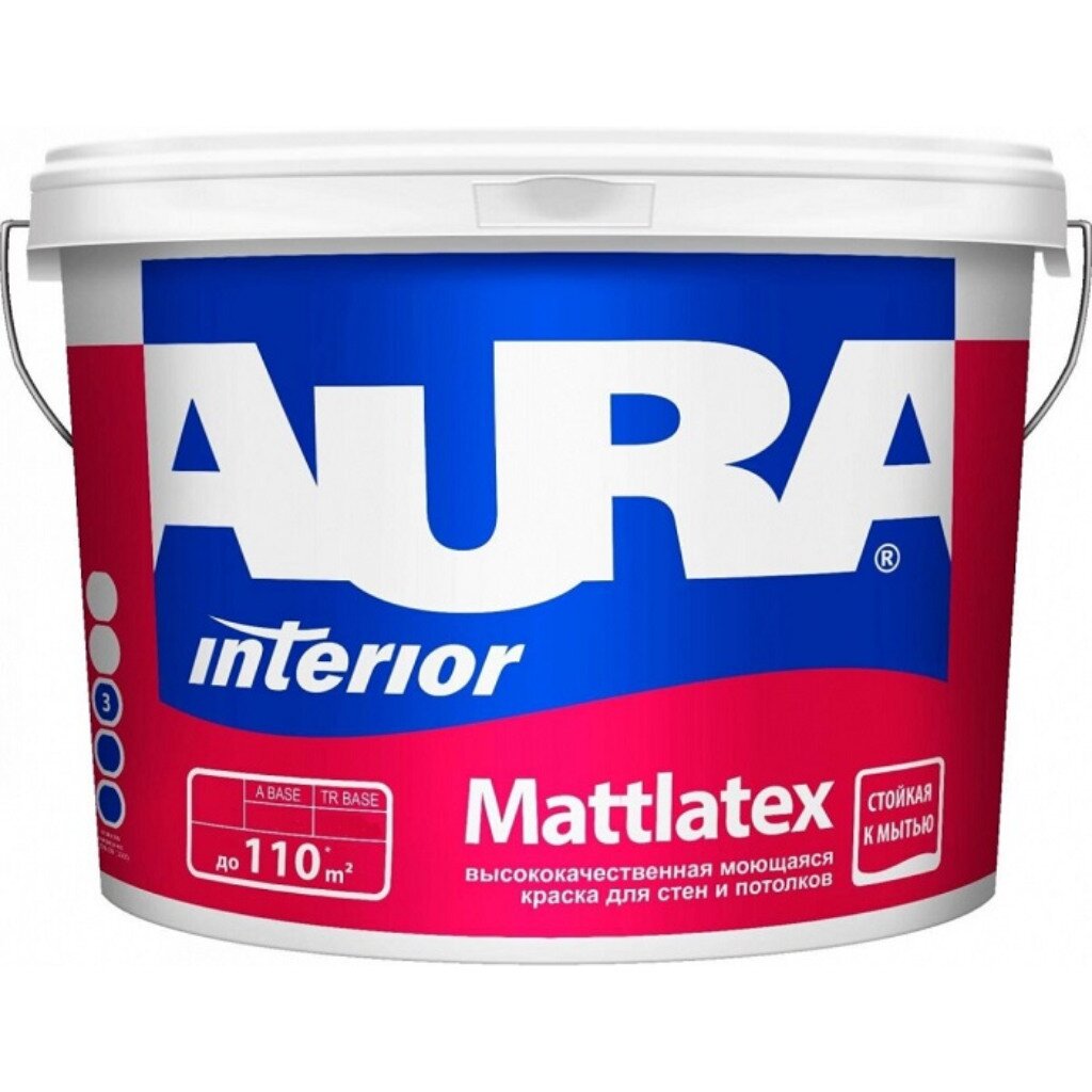 Краска воднодисперсионная, Aura, Mattlatex, акриловая, универсальная, моющаяся, влагостойкая, матовая, 9 л краска для стен и потолков акриловая вд ак 230м влагостойкая 0 9л
