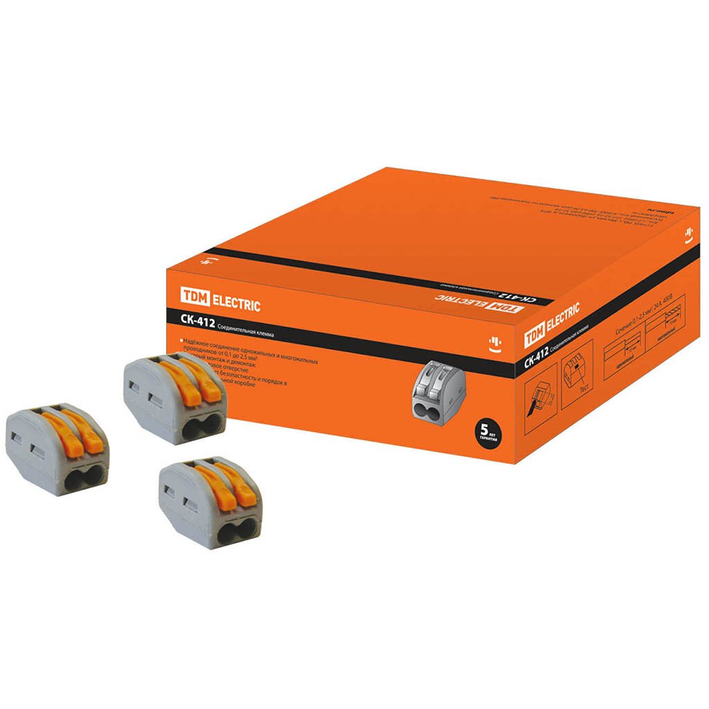 Клемма СК-412, соединительная, пластик, 2.5 мм², TDM Electric, SQ0527-0001 клемма ск 413 2 соединительная проходная оранжевая 2 5 мм² tdm electric sq0527 0042