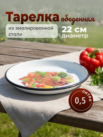 Тарелка обеденная, эмалированная сталь, 22 см, 0.5л, круглая, СтальЭмаль, 1с4с/К, в ассортименте