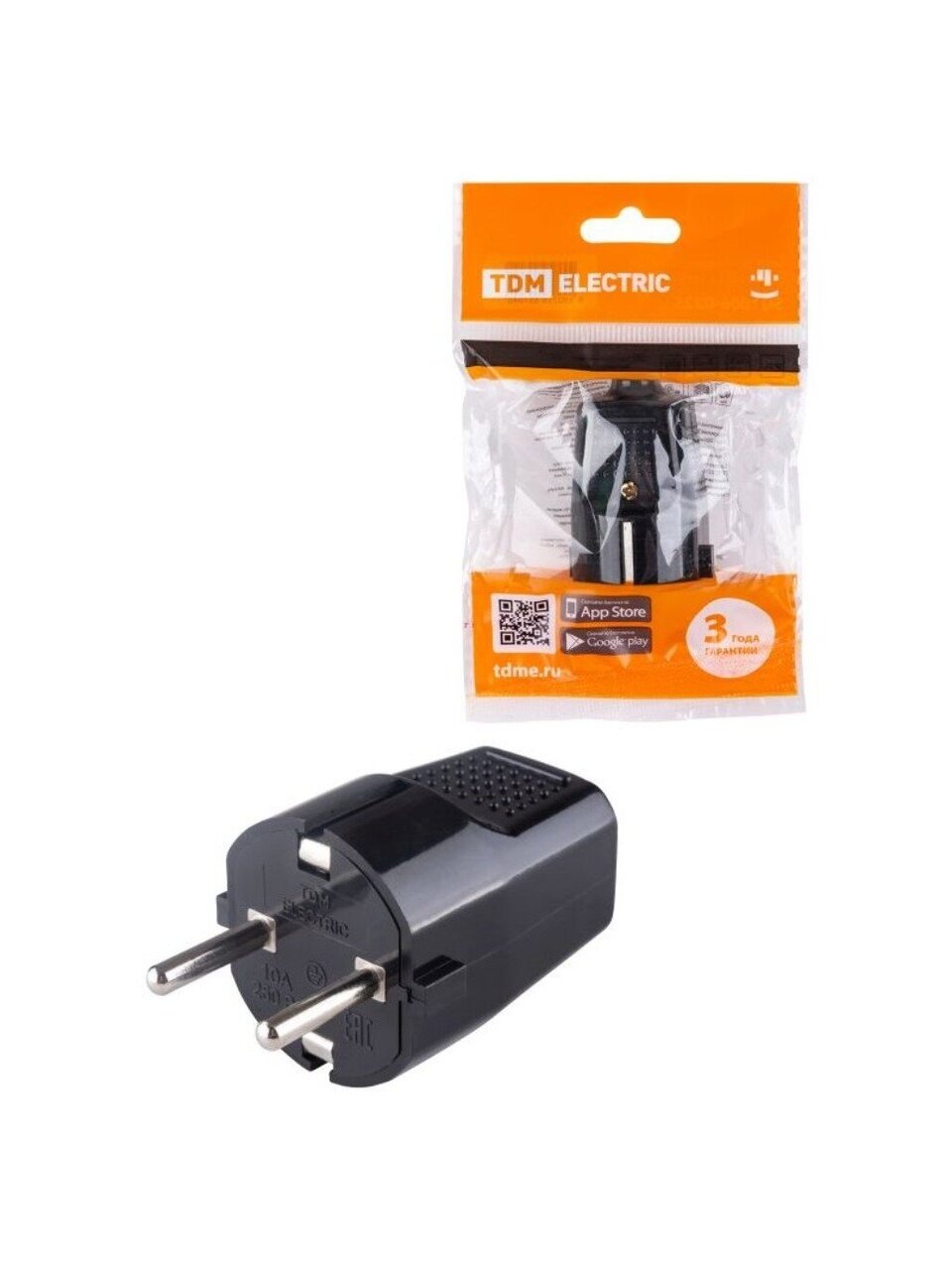 Вилка прямая, с заземлением, 10 А, 250 В, черная, TDM Electric, SQ1806-0198