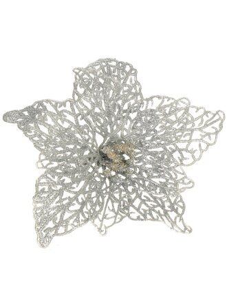 Елочное украшение Пуансеттия, серебро ажур, 15 см, на прищепке, Y4-3005