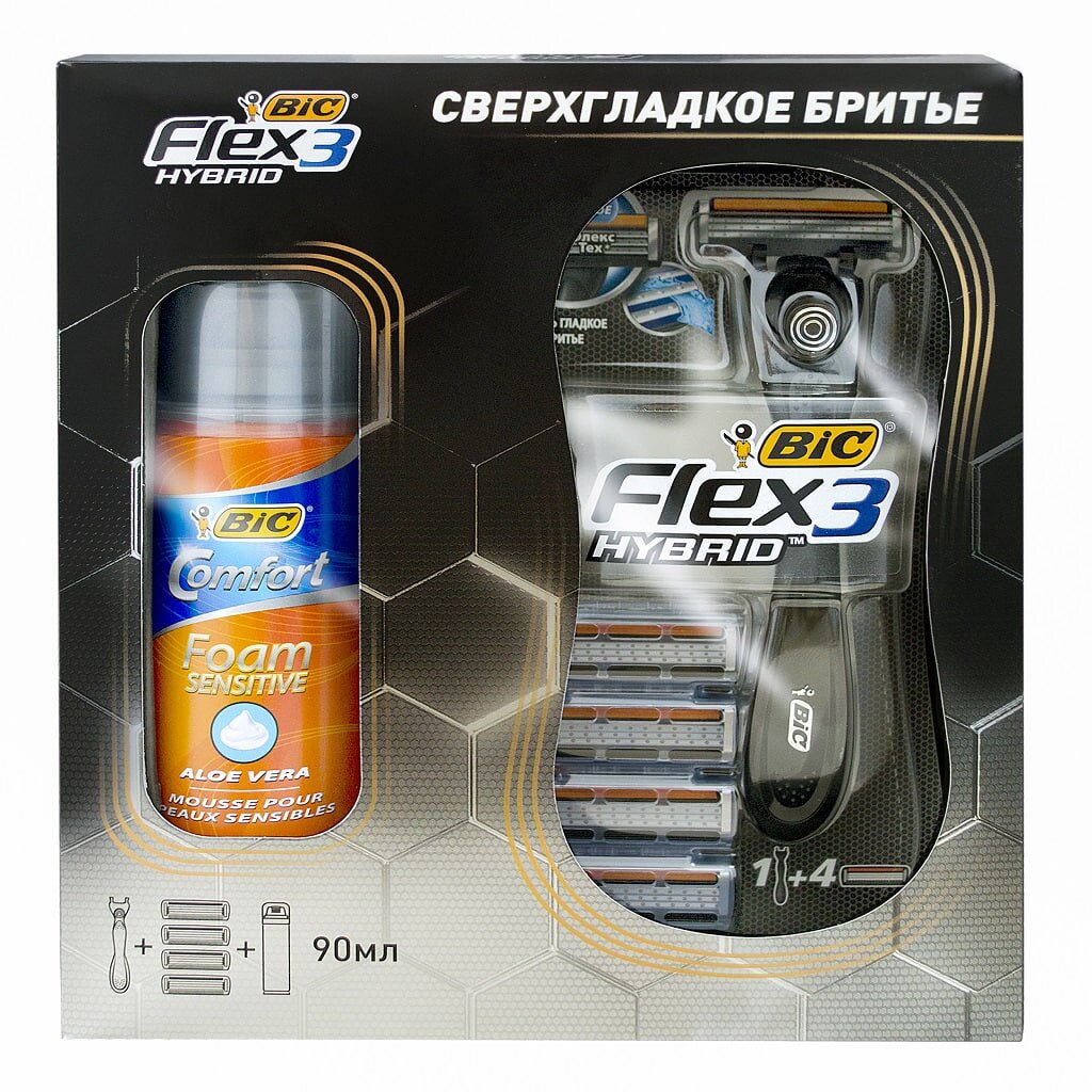 Подарочный набор BIC Flex 3 Hybrid (станок + сменные кассеты + пена для бритья 90 мл)
