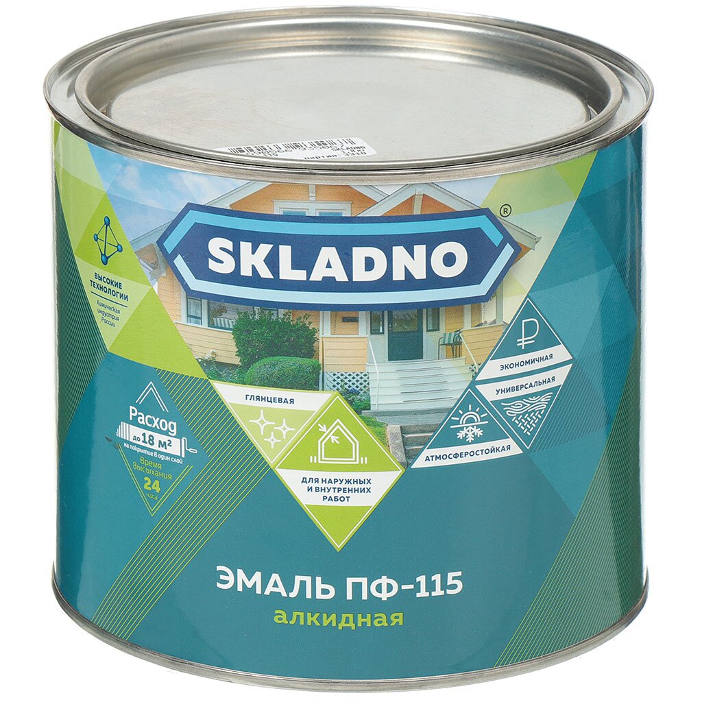 Эмаль Skladno, ПФ-115, алкидная, глянцевая, ярко-зеленая, 1.8 кг эмаль рас пф 115 глянцевая темно зеленая 1 9 кг