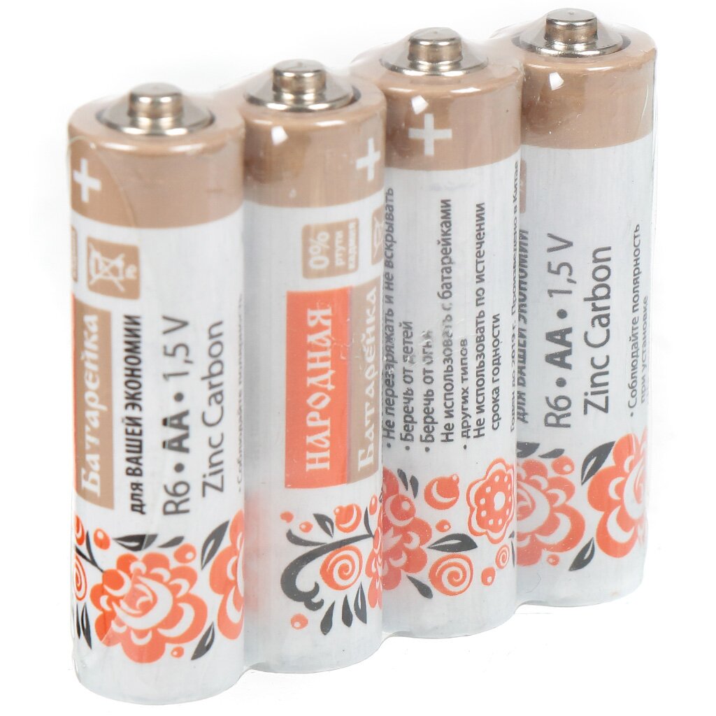 Батарейка TDM Electric, АА (LR06, LR6, R6), Народная Zinc-carbon, солевая, 1.5 В, спайка, 4 шт, SQ1702-0020 батарейка panasonic аа lr06 lr6 zinc carbon солевая 1 5 в блистер 4 шт