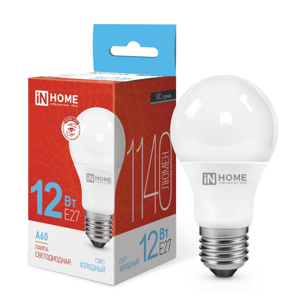 Лампа светодиодная E27, 12 Вт, 120 Вт, 230 В, груша, 6500 К, свет холодный белый, In Home, LED-A60-VC