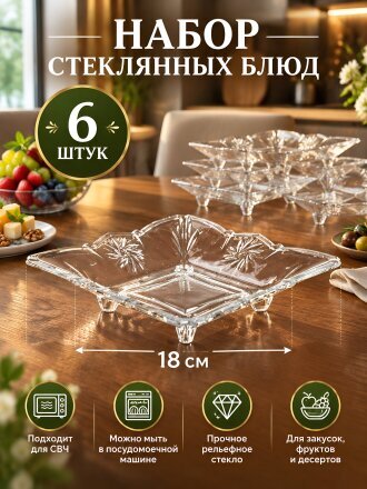 Блюдо стекло, квадратное, 18 см, 6 шт, Tandis, Kaveh, DT1057GCL