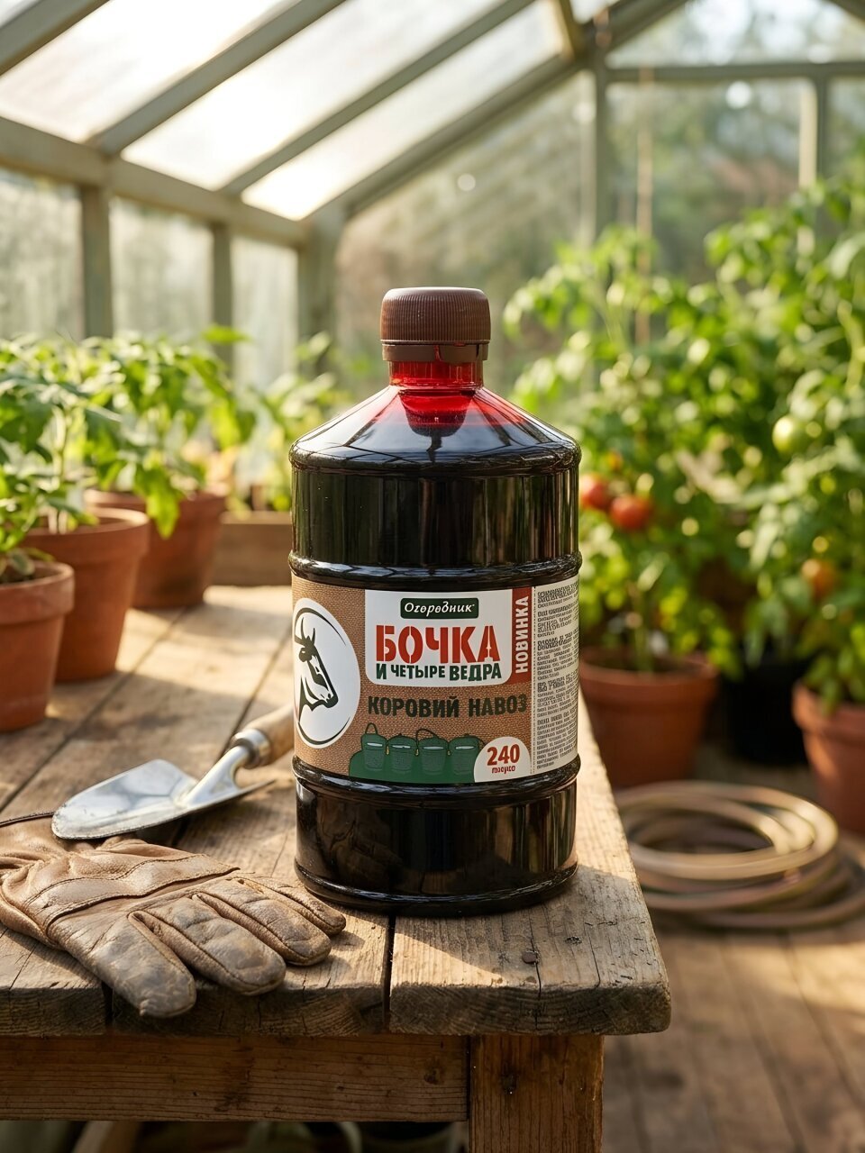 Удобрение Бочка и четыре ведра Коровий навоз, органоминеральное, жидкость, 600 мл, Огородник