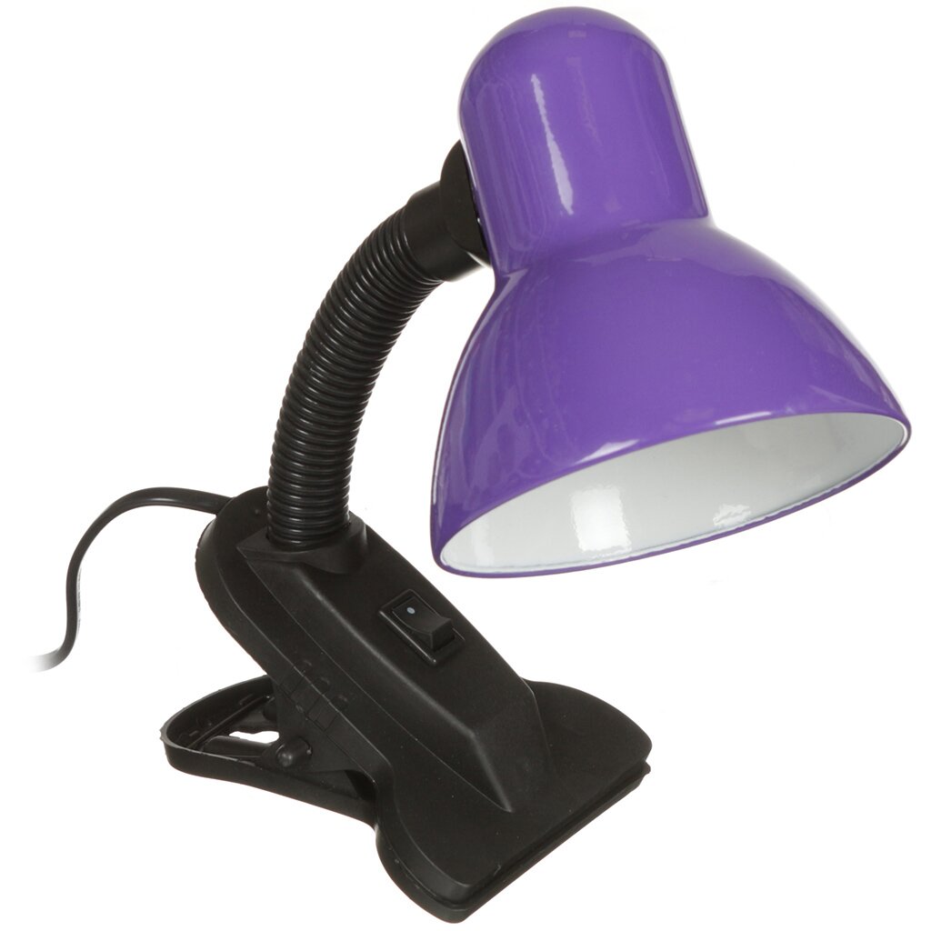 Светильник настольный на прищепке, E27, 60 Вт, черный, абажур фиолетовый, Ultraflash, UF-320P C12, 12904
