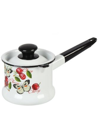 Ковш сталь, эмалированное покрытие, 1 л, крышка сталь, стальная ручка, индукция, Керченский металлургический завод, Черешенка, 90204-072/4, белый