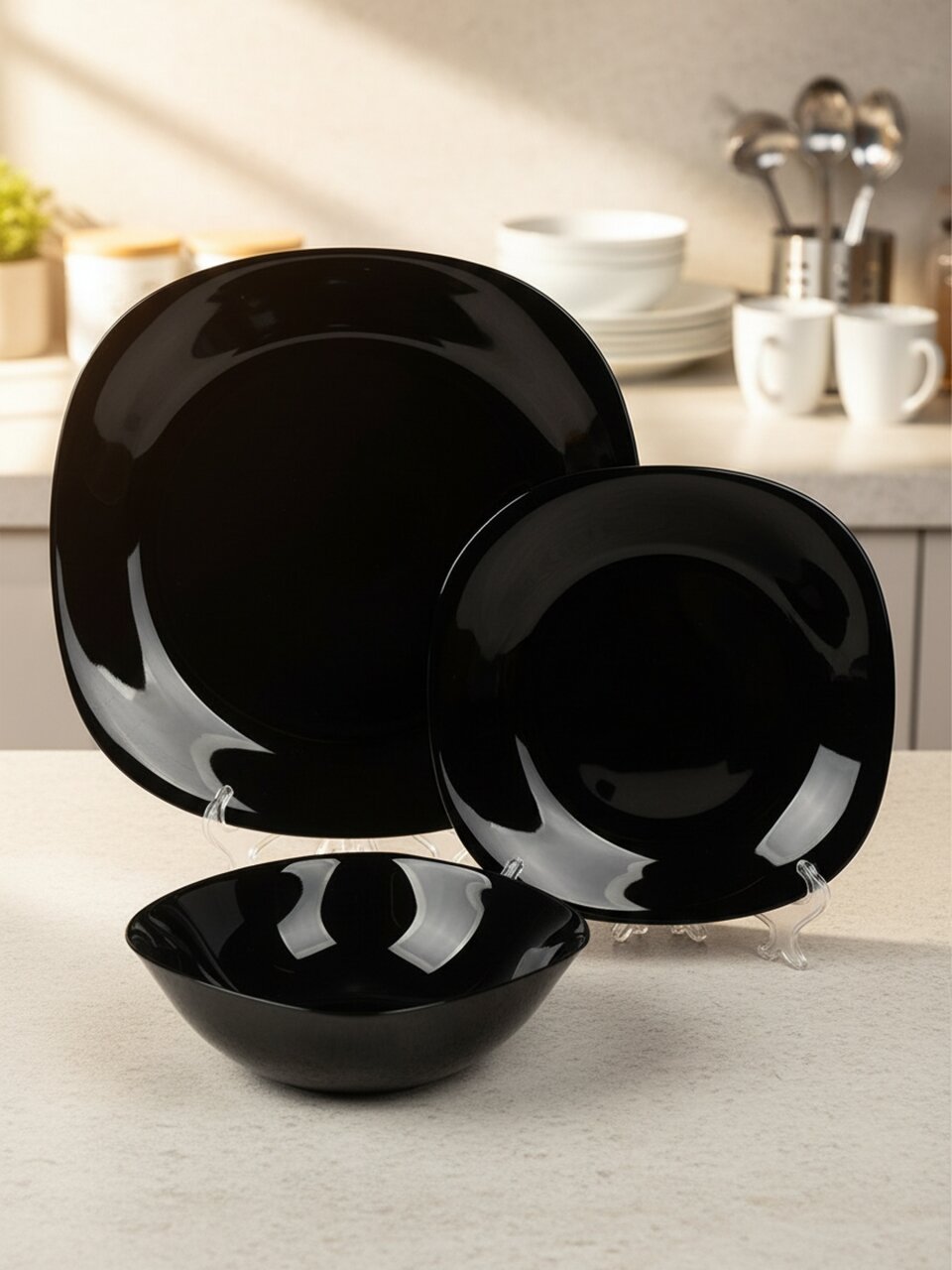Сервиз столовый стеклокерамика, 18 предметов, на 6 персон, Луна черная 1/2, квадратный, 100ч-18л