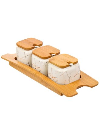 Банка для сыпучих продуктов, керамика, 3 шт, с крышкой, с ложкой, на бамбуковой подставке, Y4-6615
