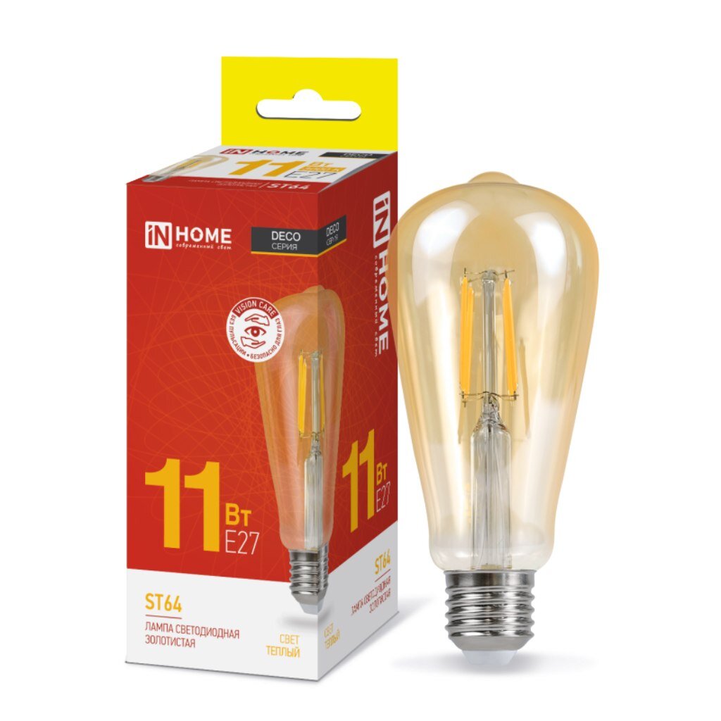 Лампа светодиодная E27, 11 Вт, 100 Вт, 230 В, груша, нитевидная, 3000 К, свет теплый белый, In Home, LED-ST64-deco gold, золотистая