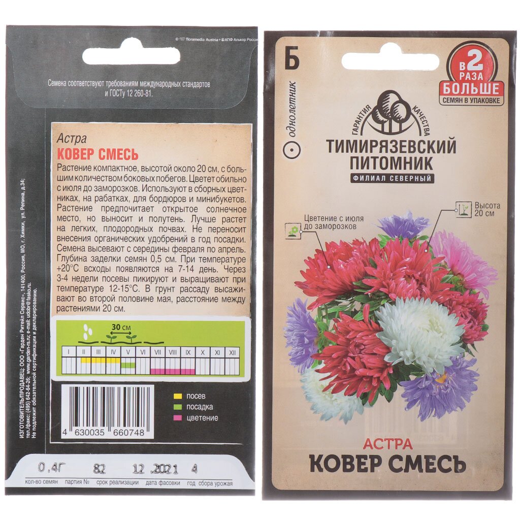 Семена Цветы, Астра, Ковер смесь низкорослая, 0.4 г, цветная упаковка, Тимирязевский питомник
