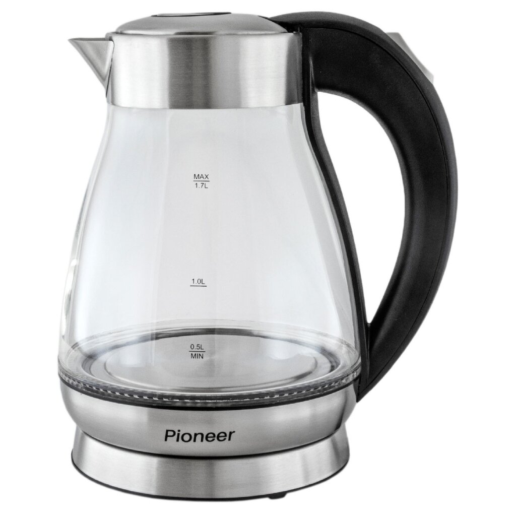 Чайник электрический Pioneer, KE809G, серый, 1.7 л, 2200 Вт, скрытый нагревательный элемент, стекло тостер pioneer ts151 850 вт 2 тоста механический серебристый