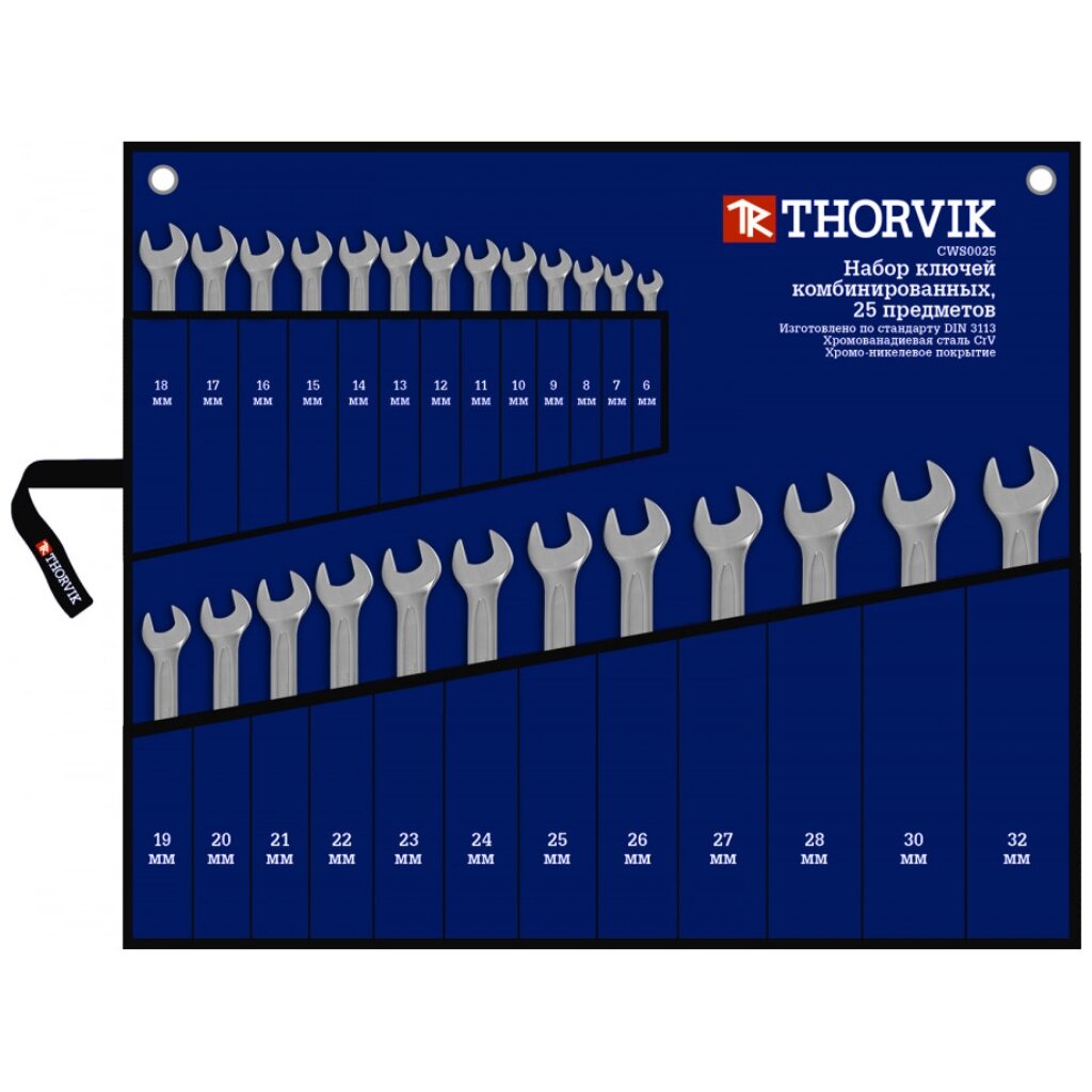 Набор ключей комбинированный, CWS0025, 25 предметов, Thorvik, 6-32 мм, сумка, 52049 набор ключей комбинированный arc 20 предметов thorvik 6 32 мм сумка 52608 w3s20tb