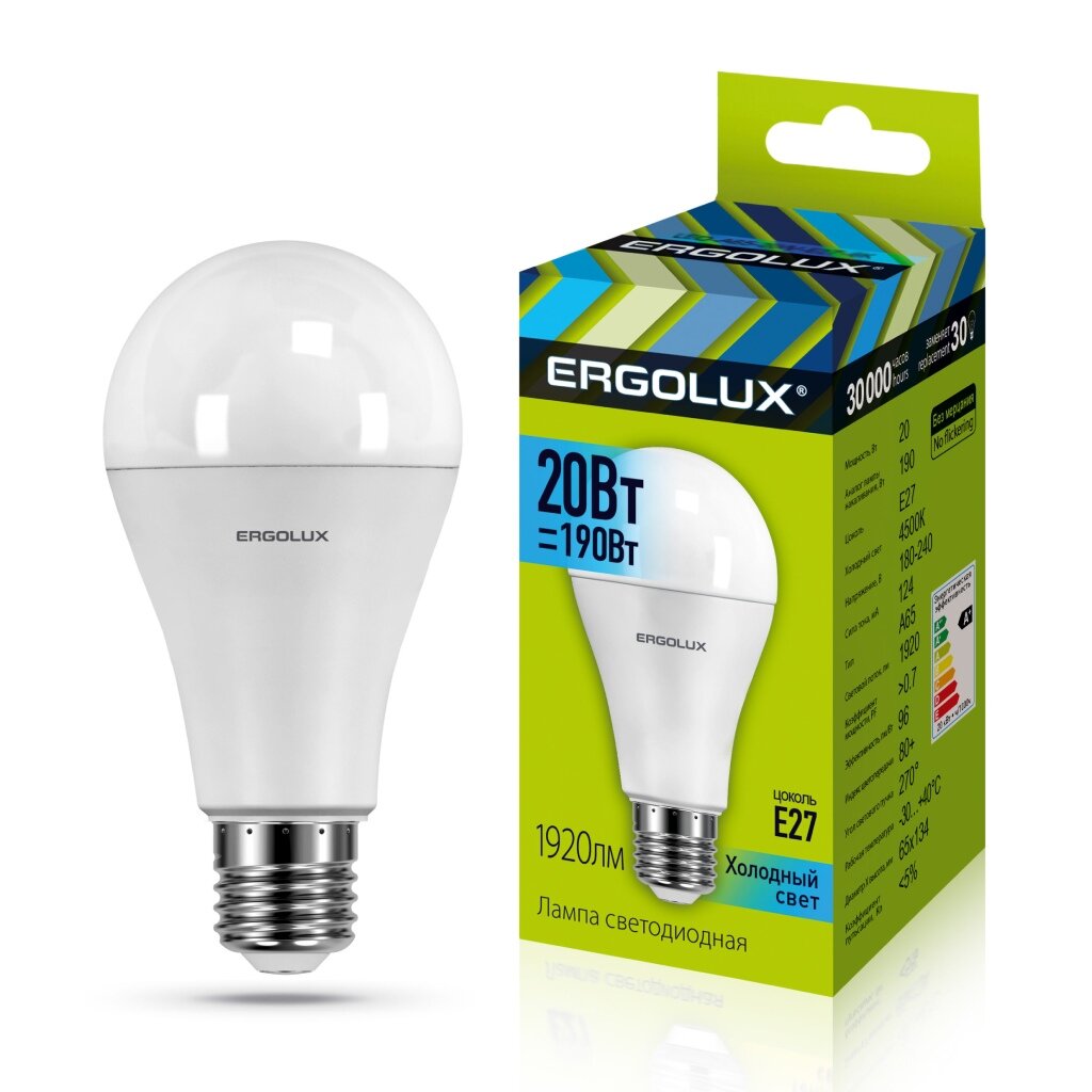 Лампа светодиодная E27, 20 Вт, 190 Вт, 220 В, груша, 4500 К, свет холодный белый, Ergolux