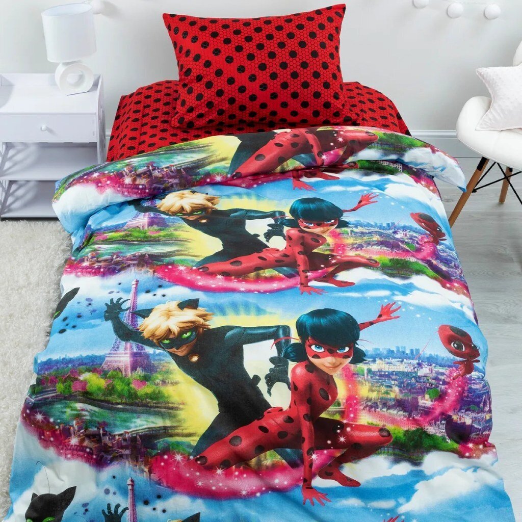 Постельное белье детское 1.5-спальное, простыня 150х214 см, 1 наволочка 70х70 см, пододеяльник 143х215 см, поплин, LadyBug рис. Леди Баг и Супер Кот 16022-1/160 504207